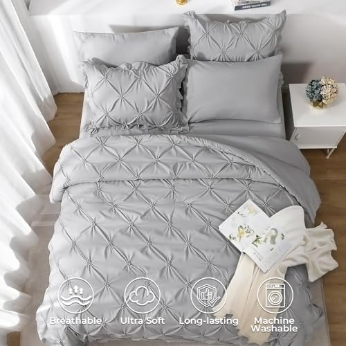 JOLLYVOGUE Grey Queen Comforter Set, 7 Pieces Pintuck Comforters Queen Size, Bed in a Bag Queen Comforter for Bedroom, Bedding Comforter Sets with Comforter, Sheets, Ruffled Shams & Pillowcases - Image 3