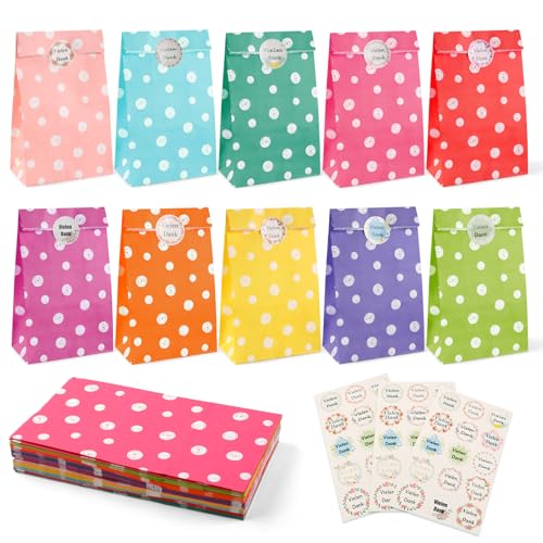 40 Stück Papiertüten, Bunte Geschenktüten Klein mit 45 Stück Aufkleber, 10 Farben Geburtstagstüten für Kindergeburtstage, Hochzeiten, Feiern Partytüten (12 x 22 x 7 cm)