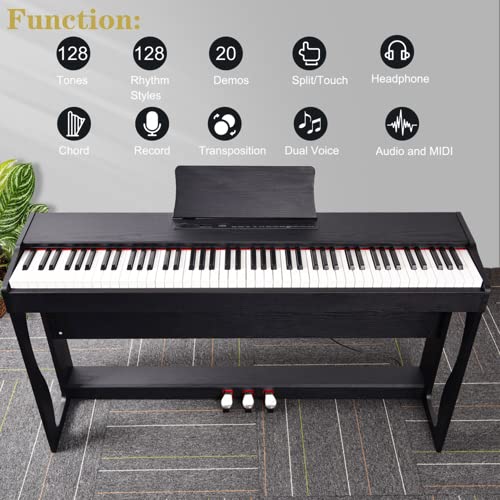 Piano Électrique Numérique 88 avec Toucher Lourd, 128 Rythmes et Tonalités, 3 Pédales Professionnelles, 2 Haut-Parleurs Stéréo de 10 W, Prise en Charge MIDI-USB und Audio Bluetooth, Noir