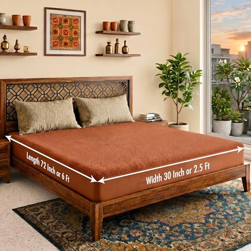 Image of Lithara Terry Cotton Fitted Mattress Protector for Single Bed | Waterproof & Elastic Band | Ultra Soft & Hypoallergenic Mattress Cover | Size : 30 x 72 Inches (2.5 x 6 Feet) | (Golden)