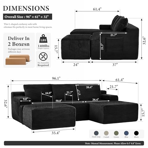 Image of 96 inch Sectional Couches for Living Room Cloud Couch Sofa with L-Shape Upholstered Boneless Couchs Modern Modular Sectional Couch with Chaise (Black, 96 inch W+Right Facing Chaise+2Seaters+Ottoman)