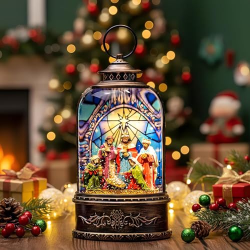 Christmas Snow Globe Water Lantern with Nativity Scene Battery Operated or USB Powered Musical Lighted Holiday Decoration for Tabletop Display for Family and Friends
