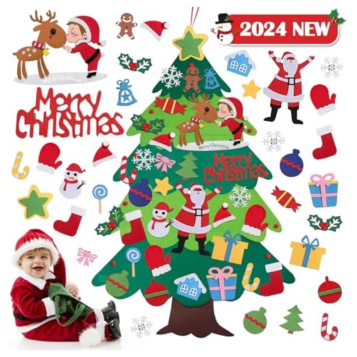 Feutre Arbre de Noël, 2024 Sapin de Noël en Feutrine pour Enfant, 102CM Ensemble Arbre de Noël Feutre DIY avec 32Ornements Détachables pour Enfant Noël Décoration Sapin de Noël Décoration pour Murale