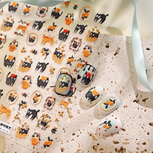 Image of 5D Embossed Cat Nail Stickers Cartoon Nail Decals Orange Black Self Adhesive Design DIY Manicure Charms Supply Decoration for Women