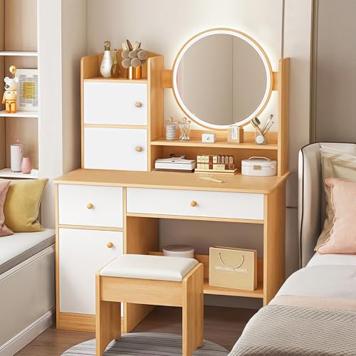 Consejos para Comprar Espejo Con Cajones de esta semana. 42 Tocador- Vanity con Espejo LED, Tocador de Maquillaje con 2 Cajones y 3 Armario y 4 Estantes Abiertos, Tocador Minimalista con Taburete Blando, Adecuado para Dormitorio y Vestidor...