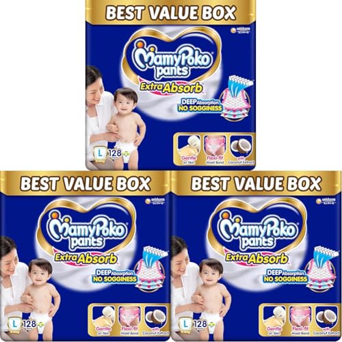 Image of MamyPoko Pants Extra Absorb Baby Diapers, Large (L size) | 9-14 kg | 128 Count |Deep Sleep Diapers| Soft gentle fit |Deep Absorbent Crisscross | skin friendly with coconut oil | (64 count, Pack of 6)