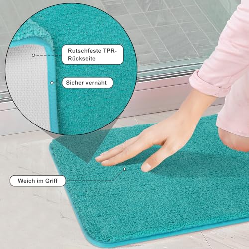 SOANNY Badematten Set 2-teilig, rutschfest & Waschbar, Luxus Dicke Mikrofaser Badezimmerteppich, 50x80 cm Badvorleger & 50x50 cm Toilettenmatte, Türkis – Bild 4