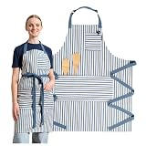 MEEMA Chef Apron with Pockets | One Size Fits All | Upcycled Adjustable Bib Aprons for Women and Men | Cooking, Baking, Grilling & Crafting | Blue Striped