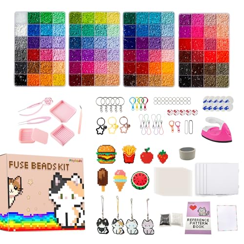 Psykade Fuse Beads Kit-Easy DIY-96 Colors 53000 2.6mm, 200+ Patterns, Built-in Iron | DIY Crafts Supplies for Women, Art Decorations for Room, Ideal Gift,Pixel Art，All-in-One