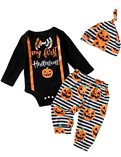Image of Newborn Boy Halloween Outfit Baby Pumpkin Clothes My First Halloween Bodysuit (Black, 0-3 Months)