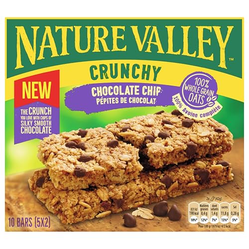 Nature Valley Crunchy Chocolate Chip Multipack – Knusprige Müsliriegel mit Haferflocken und Schokoladenstückchen, 5er Pack, Snack für Schule, gesundes Pausenbrot, 50 Riegel – je Packung 2 Riegel