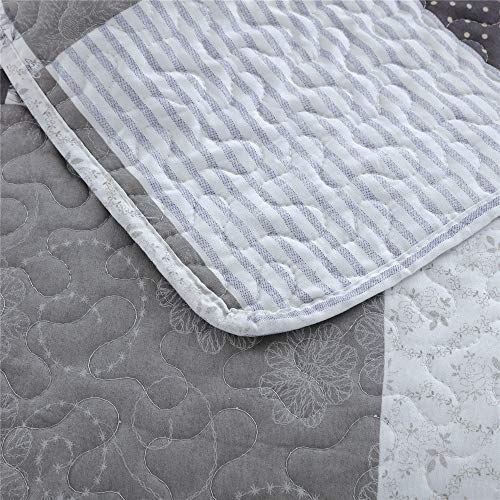 Ycosy Floral Quilt Set Full/Queen Size Patchwork Plaid Bedding Set Flower Reversible Bedspread Morden Lightweight Coverlet Grey White Black Plaid Quilts Bed Cover Sets With 2 Pillow Shams #TOP7