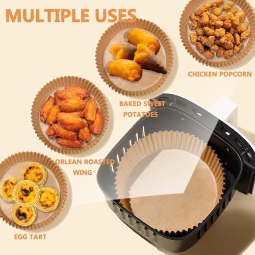 Image of 100 PCS Air Fryer Paper Sheets | Air Fryer Liners Disposable, 8 inch Square & Round [Food Grade Material] Parchment Paper Liners Non-Stick & Oilproof for Airfryer, Baking, Roasting Microwave, Oven (Round)