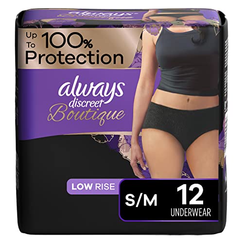 Always Discreet Boutique Low-Rise Postpartum Incontinence Underwear Size S/M Maximum Absorbency, Up to 100% Leak Protection, Black, 12 Count