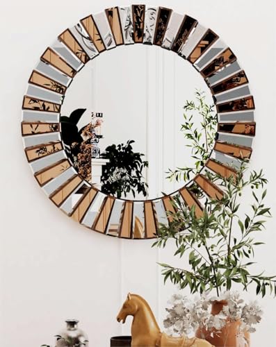 Round Decorative Wall Mirror Entryway - 60cm Sunburst Entrance Mirror with 5mm Premium Glass and 3D Stereoscopic Irregular Beveled Edge in Gold Silver Finish Elegant Artistic Hanging Mirrors