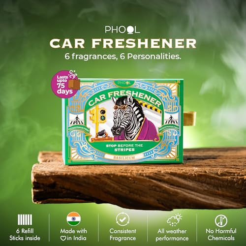 Image of Phool Car Air Freshener - Basilicum Pack with 6 Refill Cartridge - Lasts upto 75 days- Car Accessories interior car perfumes and fresheners - Long lasting and Strong profile - Plug in Mechanism