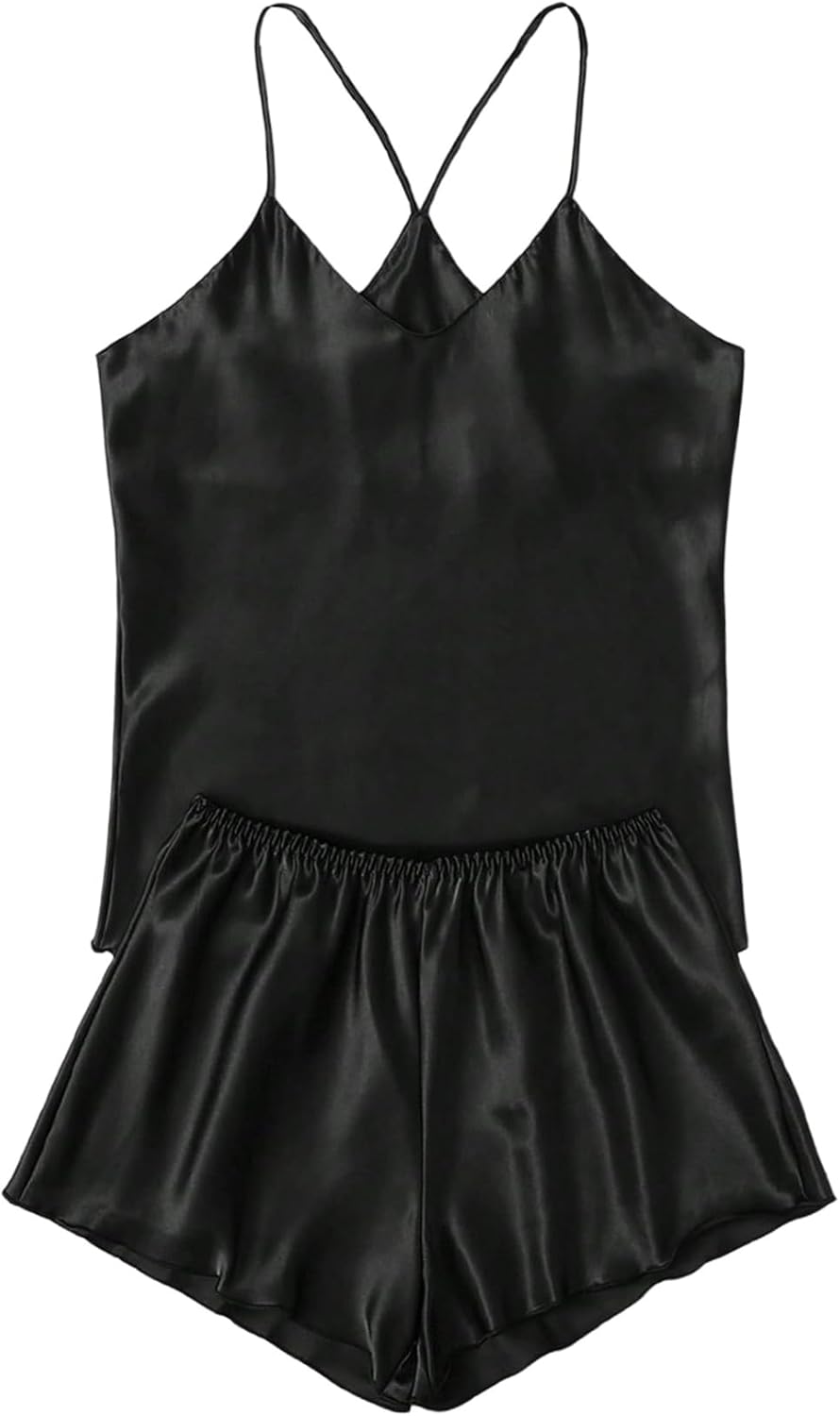 Women's 2 Piece Satin Pajamas Summer V Neck Sleeveless Cami Top and Mini Shorts Lounge Sets Sleepwear