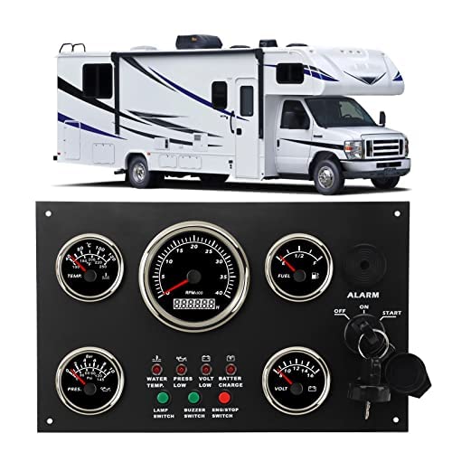 Marine Instrument Panel with 5 Gauges - Tachometer Fuel Level Water Temperature Oil Pressure Voltmeter Durable Aluminum Alloy Panel IP67 Waterproof Easy Installation for Engine Yacht Fishing Boat Ship