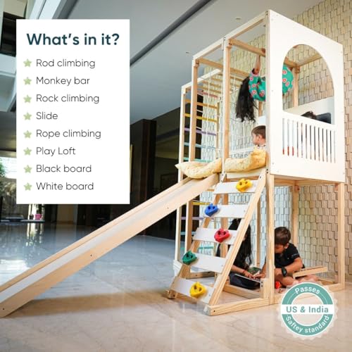 Image of Curious Cub Playloft 8 in 1 Jungle Gym for Kids Indoor | Slide for Kids, Ladder, Drawing Board, Monkey Bars |Rock Climbing At Home|Fun Activity for Ages 2-15 Yrs|Home Play Set for Toddler