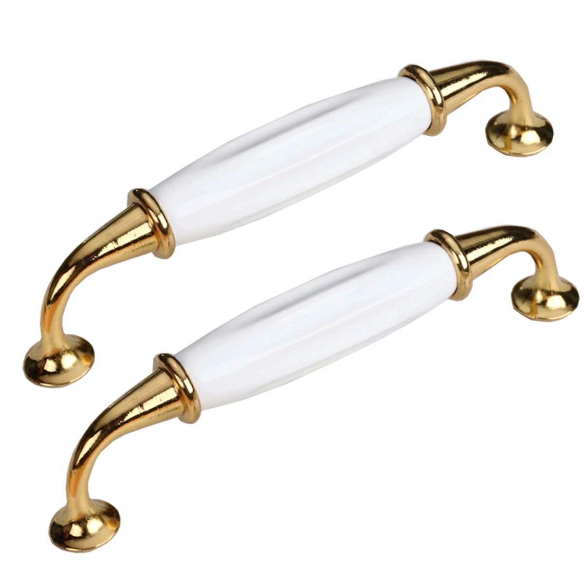 Fbshop(Tm) Golden 2Pcs Cabinet Knobs - Classic White Ceramic Drawer Pulls,Decorative Antique Handles For Furniture, Kitchen, Dresser, Wardrobe, Door, Office