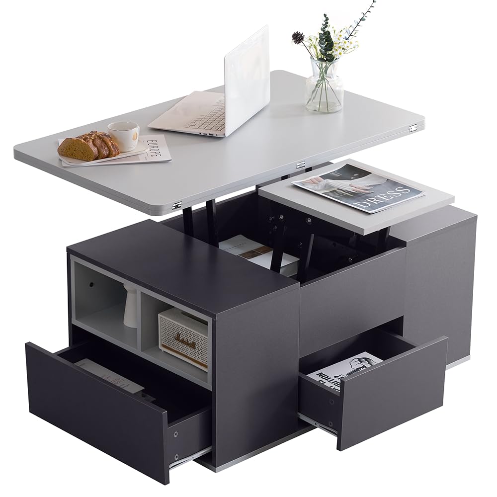 Table basse relevable multifonctionnelle pour télétravail et dîner au salon