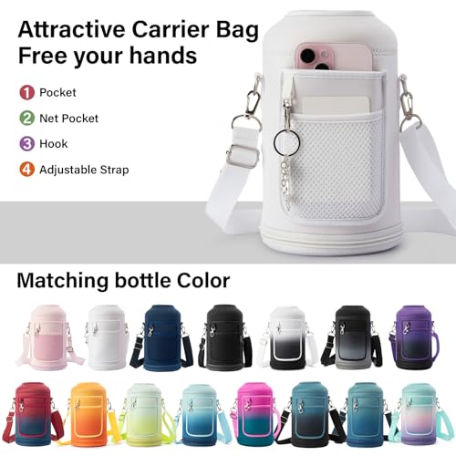 Insulated Water Bottle | Thickened Stainless Steel Vacuum Metal | Portable Sports Half Gallon Large Water Jug for Gym and Hiking with Straw, Carrier Bag, Handle Strap | BPA-Free 64 oz