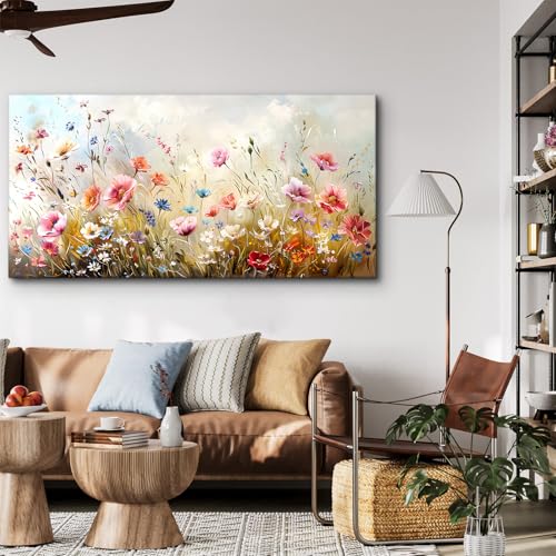crmotu Large Wall Art for Living Room, Flower Market Botanical Prints, Floral Nature Decor Canvas Pictures, Meadow Wildflower Rustic Home Decorations, Modern Bedroom Farmhouse Wall Decor 30"X60"