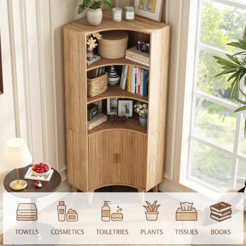 Image of Tall Corner Cabinet with Fluted Doors, 5-Tier Coffee Bar Cabinet with Storage, Narrow Storage Cabinets with Adjustable Shelves, Bathroom Organizers and Storage for Small Space, Natural