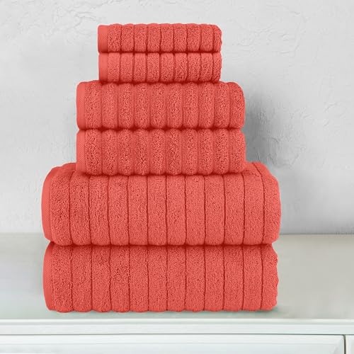 Image of Elegant Comfort 100% Turkish Cotton Corduroy Ribbed Luxury Bath Towels 6-Piece Set, Premium Feel - Quick Dry, Highly Absorbent,Contains 2 Bath Towels,2 Hand Towel, and 2 Washcloths,Coral(Pack of 4)