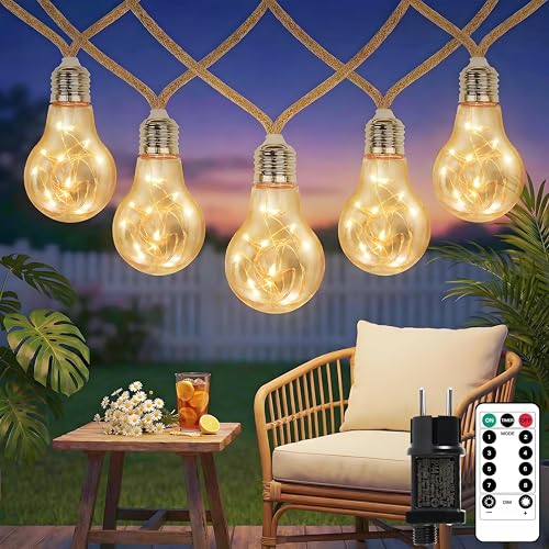 Guirlande lumineuse LED d'extérieur - 7 m - 20 LED - Vintage - Avec prise et cordon de chanvre - 8 modes - Minuterie - Décoration pour jardin, fête, balcon, mariage,...