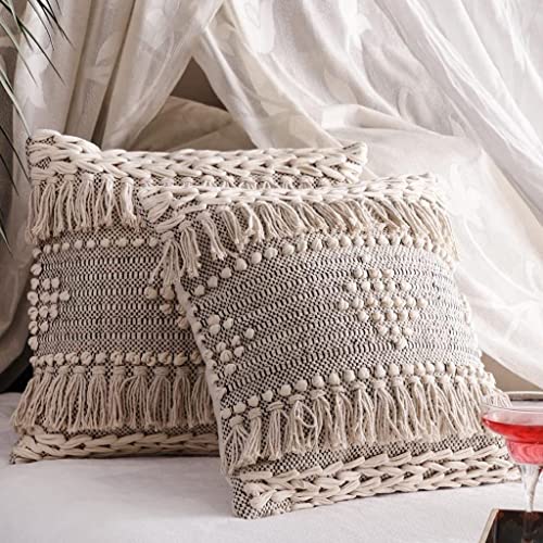 Image of Cushion - Boho Handloom Cotton Cushion Covers - Set of 2, Decorative Throw Pillows for Sofa, Living Room, Bedroom & Office, 16x16 Inches, Stylish Home Decor