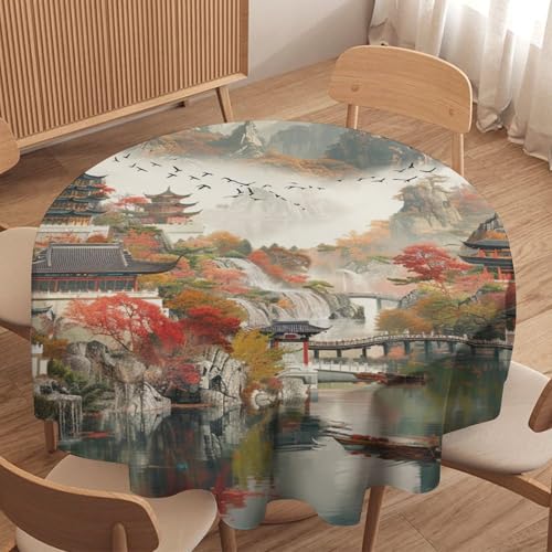 asbwuo Mantel Redondo con Coloridos árboles y montañas, Lavable, Estilo asiático, con diseño de pájaro y construcción, Ideal para Cocina, Comedor, Exteriores y decoración navideña. 60 Pulgadas.
