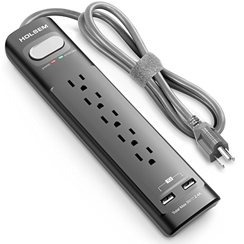 HOLSEM 5 Outlets Surge Protector Power Strip with 2 USB Charging Ports (5V/2.4A) and 4' Heavy Duty Extension Cord,Black