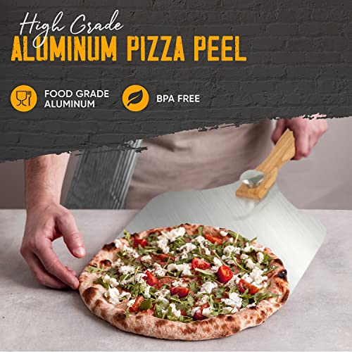 Pizalaa Pizza Peel 12 Inch With Pizza Cutter - Aluminium Metal Pizza Paddle With Wooden Foldable Handle For Easy Storage, Pizza Cutter Rocker, Pizza Server, Pizza Oven Accessories, Homemade Pizza #TOP3