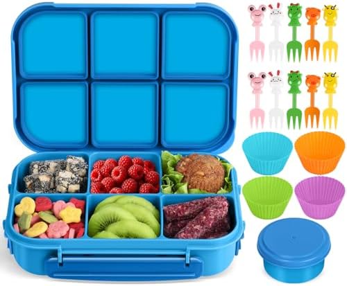 Amathley Brotdose Kinder mit FäChern,Bento Box Kinder,Brotdose Erwachsene,1200ml Lunchbox snackbox mit 6 FäChern,Saucenbehälter,10 Cartoon Bento Obstgabeln und 4 Muffinförmchen (Bl