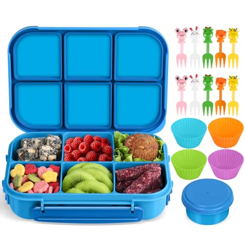 Amathley Brotdose Kinder mit FäChern,Bento Box Kinder,Brotdose Erwachsene,1200ml Lunchbox snackbox mit 6 FäChern,Saucenbehälter,10 Cartoon Bento Obstgabeln und 4 Muffinförmchen (Blau)