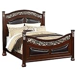Benzara Meo Queen Size Bed- Padded Carved Dark Brown Faux Leather Upholstered