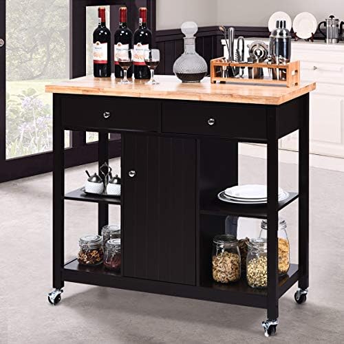 COSTWAY Kitchen Serving Cart, Rolling Utility Storage Trolley with Adjustable Shelf, Rubber Wood Tabletop and Lockable Wheels, Mobile Island Cart for Home Office Garage and Restaurant (Brown)