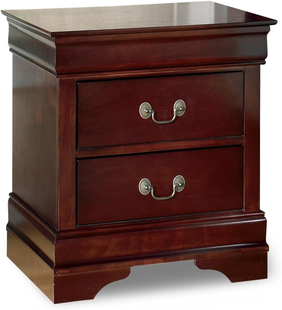 BOWERY HILL Engineered Wood Nightstand, Reddish Brown Finish, 2-Drawer Design with Metal Slides, Antique Bronze Hardware, Louis Philippe Moulding, Traditional Style Bedroom Furniture, 23.75" H x
