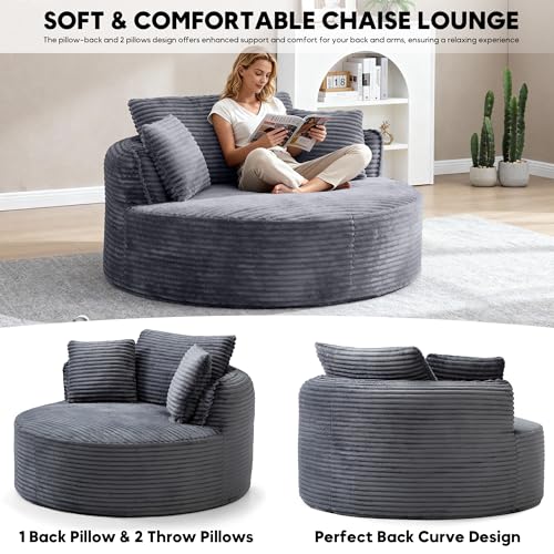 Image of Oversized Round Chair Lounge Chaise Indoor, 53.5 inch Upholstered Corduroy Deep Seat Single Cloud Sofa Chair, Fluffy Modern Large Circle Boneless Sleeper Sofa for Living Room, Bedroom, Dark Grey