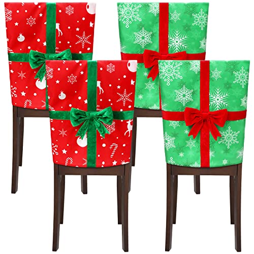4 Pack Christmas Dining Chair Slipcovers Chair Back Covers Bowknot Gift Package Design, Removable Washable Chair Protector Slipcovers for Christmas Home, Kitchen, Dining Room Chair Decoration