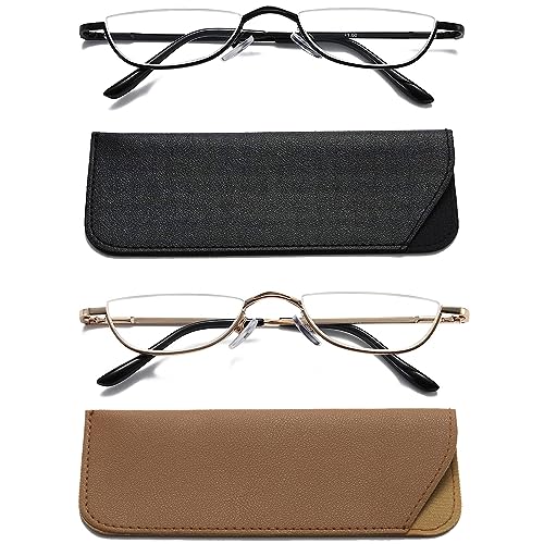 Hubeye 2 works Half Moon Reading Glasses for Women and Men Metal Slim Half Frame Lens Ultra Thin Readers with Spring Hinges and Leather case 3.50