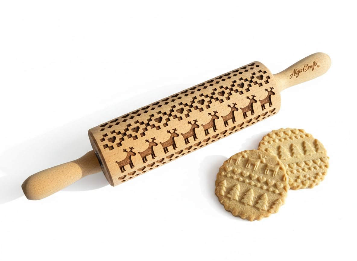 SKANDINAVISCHES WEIHNACHTSMUSTER Nudelholz mit Muster Weihnachten Backen - Teigroller Holz für DIY Weihnachten Plätzchen und Keramik - Graviert Plätzchenrolle mit Motiv - 3D Plätzchen Roller