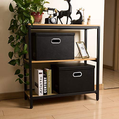 Prandom Large Collapsible Storage Bin With Lid [1-Pack] Leather Fabric Foldable Storage Box Organizer Containes Basket Cube With Cover For Home Bedroom Closet Office Nursery Black (17.7X11.8X11.8) #TOP2