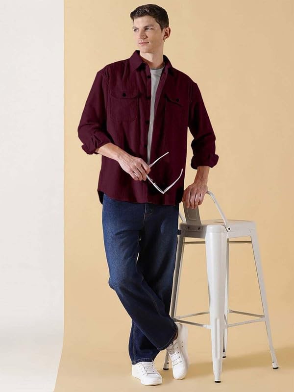 Image of DEELMO Men's Full Sleeve Corduroy Shirt | Stylish Textured Casual Button-Down Shacket for Autumn Winter | Dual Pocket Front Design | Ideal for Layering and Daily Outfits