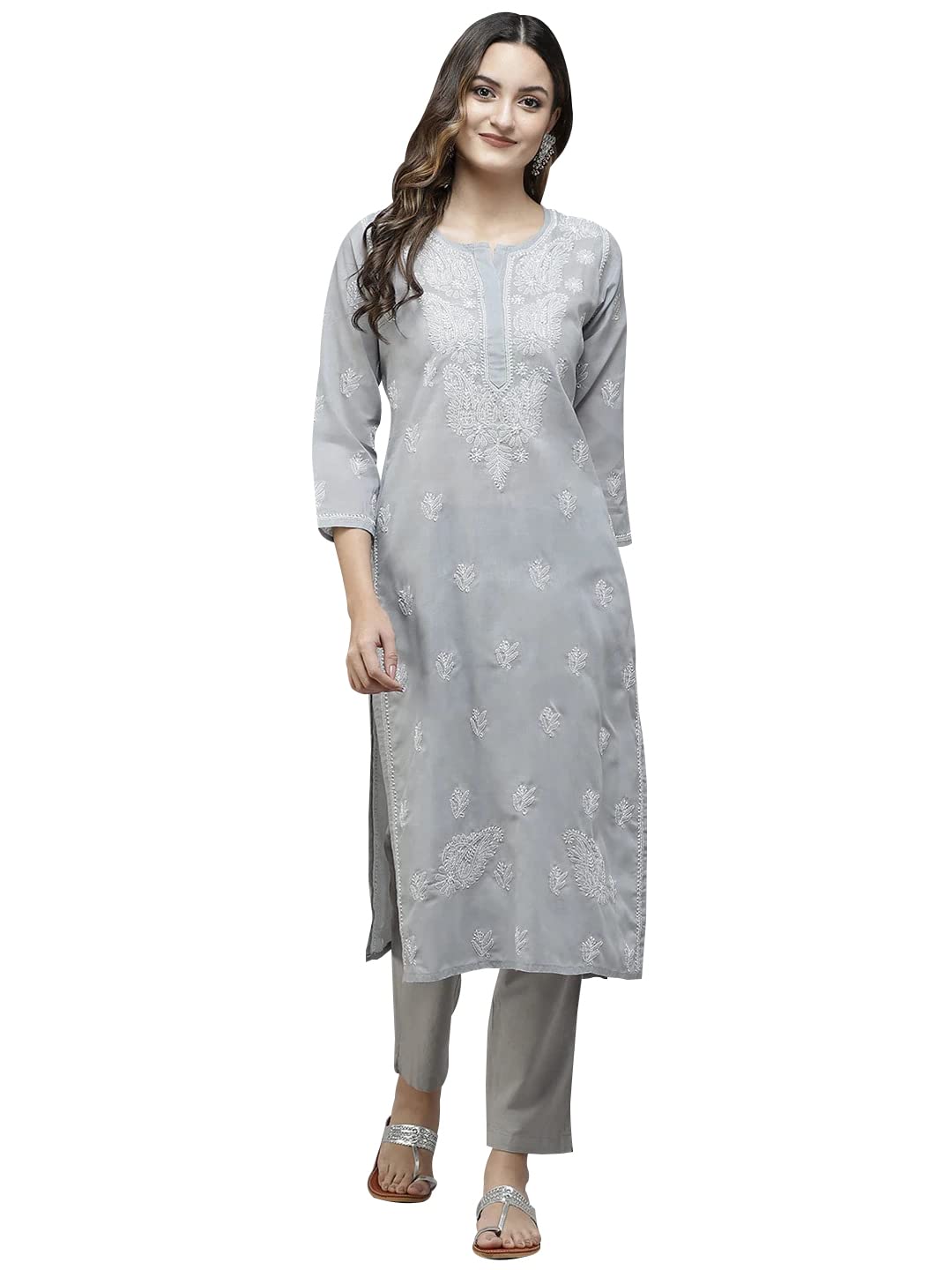AdaIndian Hand Embroidered Chikankari Straight Cotton Blend Kurta Kurti Tunic Kameez for Women A208470
