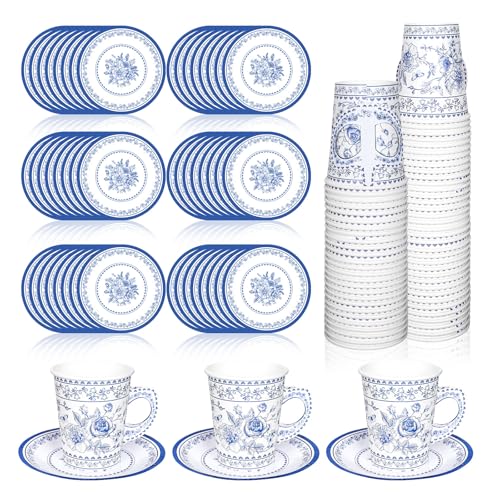 Whaline 80Pcs Blue White Floral Paper Tea Cups and Saucers Porcelain Chinoiserie Flower 9oz Disposable Teacups with Handle Dessert Plates for Wedding Baby Shower Birthday Spring Tea Party Serves 40