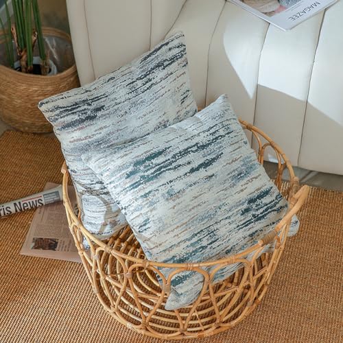 Agokaba AGO004-1 Abstract Pillow Covers 2 Packs Beige And Blue Striped Chenille Throw Pillow Covers For Couch Jacquard Nordic Textured Decorative Throw Pillows thumb #4