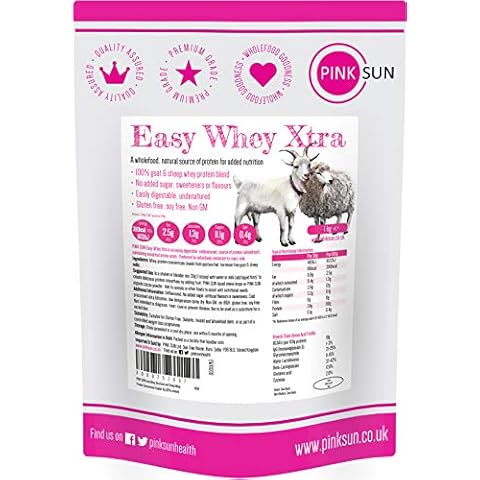 PINK SUN Goat Sheep Whey Protein Powder 1kg (80% Protein) Pure Unflavoured Concentrate Soy Free Gluten Free Undenatured Non GM Easy Whey Xtra 1000g Cover
