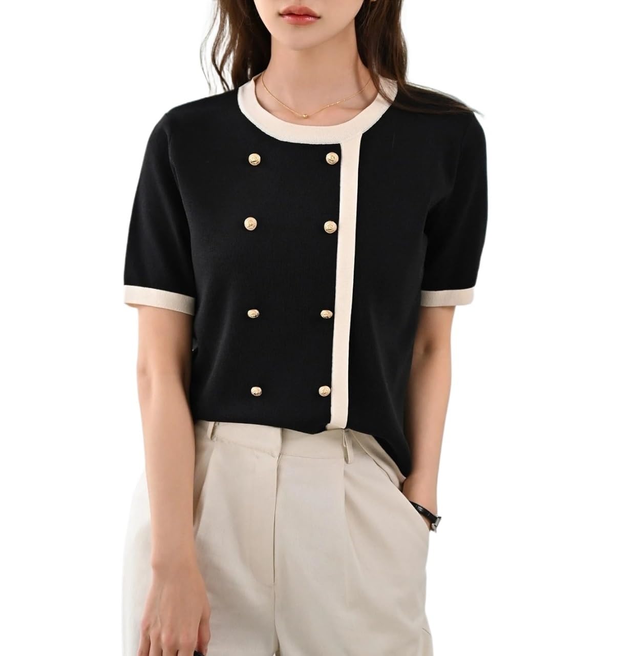 Womens Sweater Trim Button Knit Top Fall Fall Tops